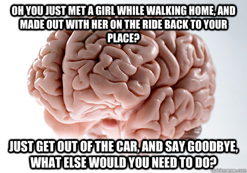 Oh you just met a girl while walking home, and made out with her on the ride back to your place? Just get out of the car, and say goodbye, what else would you need to do? - Oh you just met a girl while walking home, and made out with her on the ride back to your place? Just get out of the car, and say goodbye, what else would you need to do?  Scumbag Brain