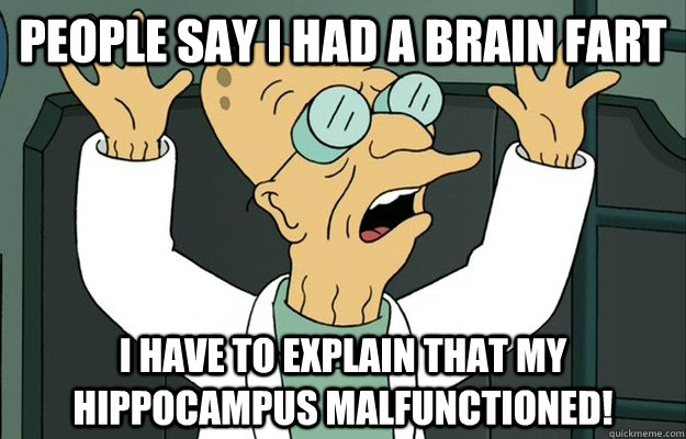 people say i had a brain fart i have to explain that my hippocampus malfunctioned! - people say i had a brain fart i have to explain that my hippocampus malfunctioned!  Scientists 1st World Problems