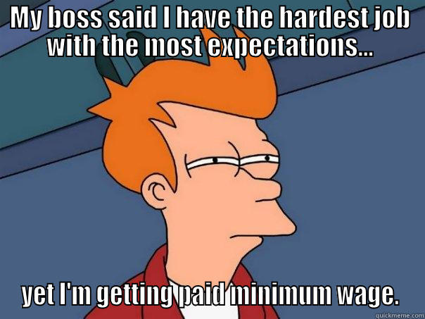 MY BOSS SAID I HAVE THE HARDEST JOB WITH THE MOST EXPECTATIONS... YET I'M GETTING PAID MINIMUM WAGE. Futurama Fry