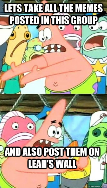 Lets take all the memes posted in this group and also post them on Leah's wall  Push it somewhere else Patrick
