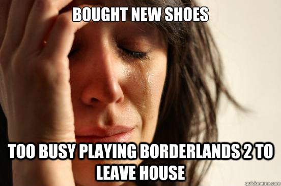 Bought new shoes too busy playing borderlands 2 to leave house  First World Problems