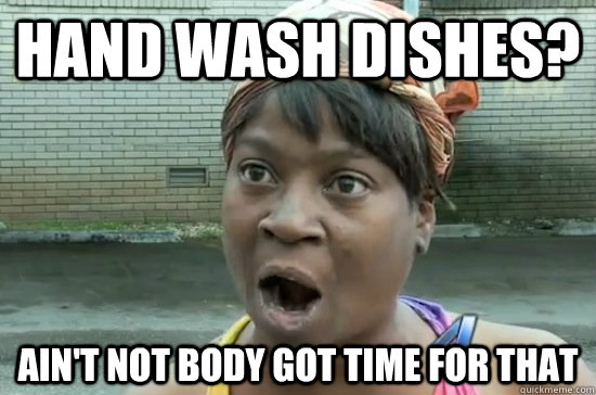 Hand wash dishes? ain't not body got time for that - Hand wash dishes? ain't not body got time for that  Aint nobody got time for that!