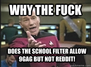 Why the fuck does the school filter allow 9gag but not reddit!  Annoyed Picard