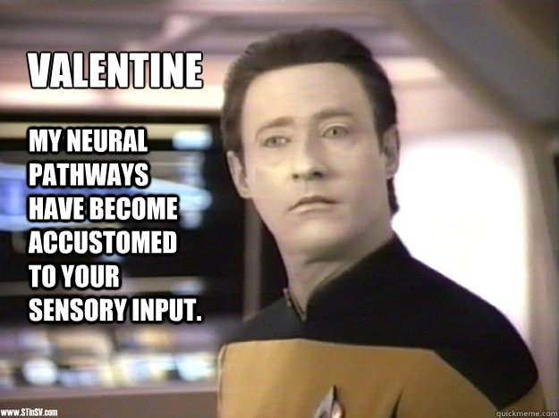 Valentine My neural pathways have become accustomed to your sensory input.  Data Valentine