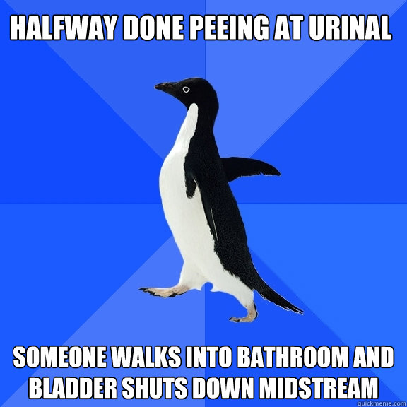 halfway done peeing at urinal  Someone walks into bathroom and bladder shuts down midstream  Socially Awkward Penguin