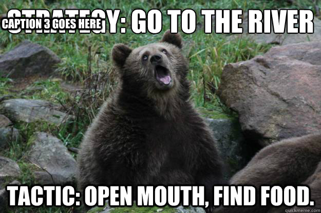 Strategy: Go to the river Tactic: Open mouth, find food. Caption 3 goes here - Strategy: Go to the river Tactic: Open mouth, find food. Caption 3 goes here  Ermahgerd Bear