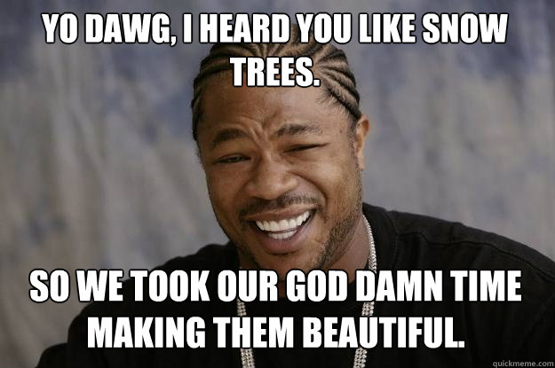Yo Dawg, I heard you like snow trees. So we took our god damn time making them beautiful.  Xzibit meme
