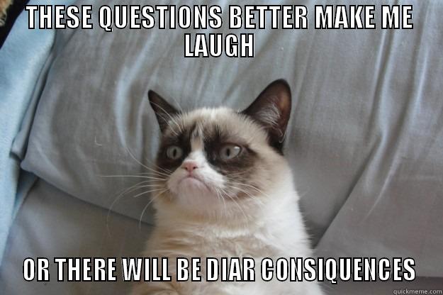 THESE QUESTIONS BETTER MAKE ME LAUGH OR THERE WILL BE DIAR CONSIQUENCES Grumpy Cat