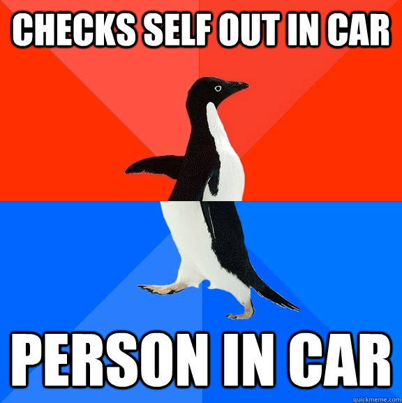 checks self out in car person in car  Socially Awesome Awkward Penguin