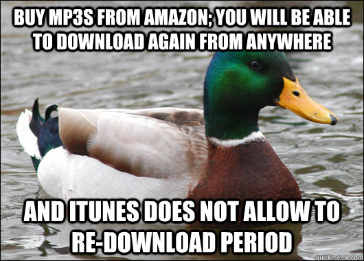 Buy Mp3s from amazon; You will be able to download again from anywhere And ITunes does not allow to re-download period  Actual Advice Mallard