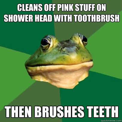 cLEANS OFF PINK STUFF ON SHOWER HEAD WITH TOOTHBRUSH THEN BRUSHES TEETH  Foul Bachelor Frog