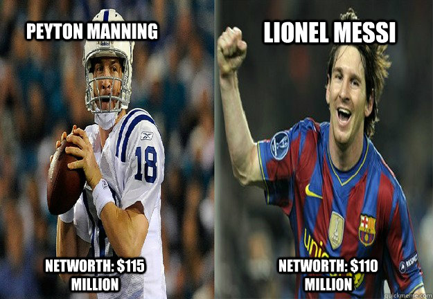 Peyton Manning Networth: $115 Million Lionel Messi Networth: $110 Million - Peyton Manning Networth: $115 Million Lionel Messi Networth: $110 Million  Problem Soccer Fans