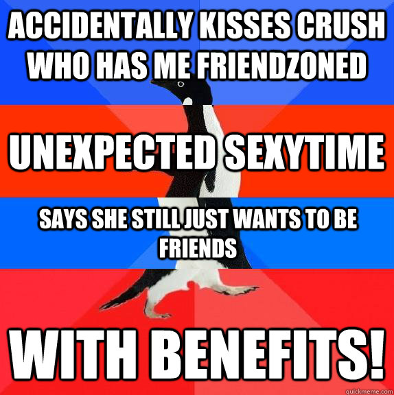 Accidentally kisses crush who has me friendzoned   with benefits! unexpected sexytime says she still just wants to be friends  Socially awkward awesome awkward awesome penguin