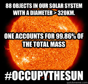 88 objects in our Solar System with a diameter > 320km. #Occupythesun One accounts for 99.86% of the total mass - 88 objects in our Solar System with a diameter > 320km. #Occupythesun One accounts for 99.86% of the total mass  Occupy the sun