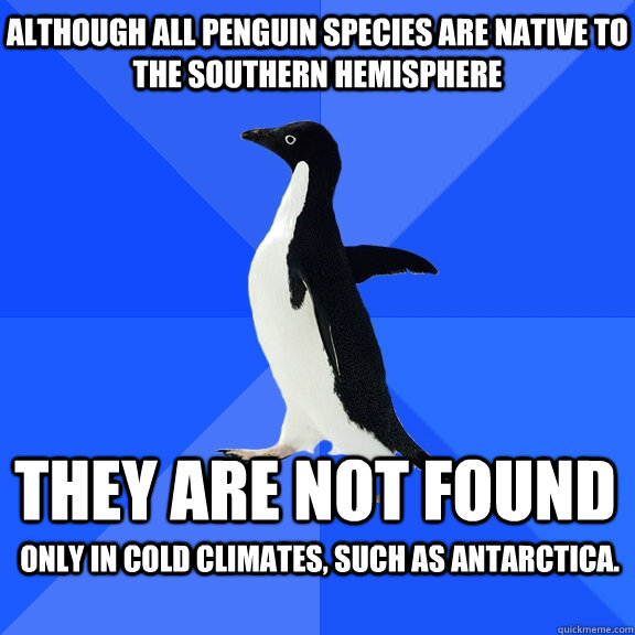Although all penguin species are native to the southern hemisphere they are not found  only in cold climates, such as Antarctica.    Socially Awkward Penguin