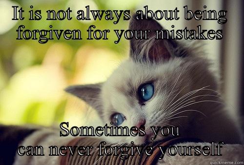 IT IS NOT ALWAYS ABOUT BEING FORGIVEN FOR YOUR MISTAKES SOMETIMES YOU CAN NEVER FORGIVE YOURSELF First World Problems Cat