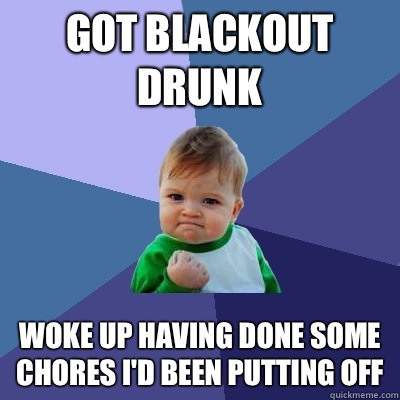 Got blackout drunk Woke up having done some chores I'd been putting off  Success Kid