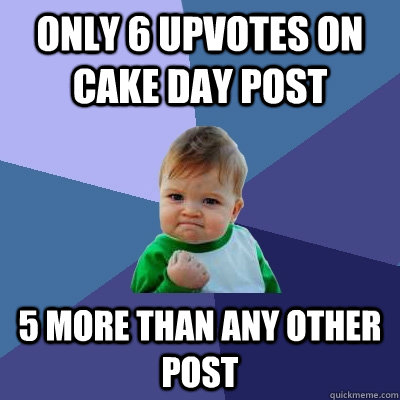 only 6 upvotes on cake day post 5 more than any other post - only 6 upvotes on cake day post 5 more than any other post  Success Kid