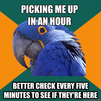 picking me up
in an hour better check every five minutes to see if they're here   Paranoid Parrot