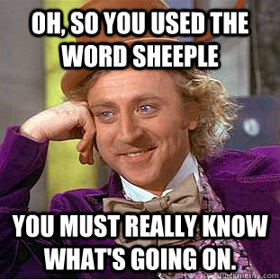 Oh, so you used the word sheeple You must really know what's going on. - Oh, so you used the word sheeple You must really know what's going on.  Condescending Wonka