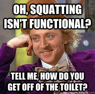 oh, squatting isn't functional? Tell me, how do you get off of the toilet? - oh, squatting isn't functional? Tell me, how do you get off of the toilet?  Condescending Wonka