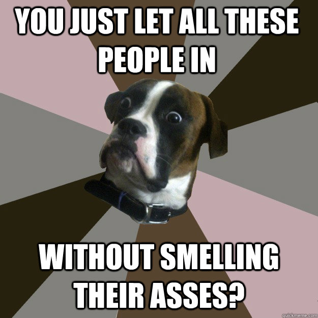 you just let all these people in without smelling their asses? - you just let all these people in without smelling their asses?  Genuinely Surprised Dog