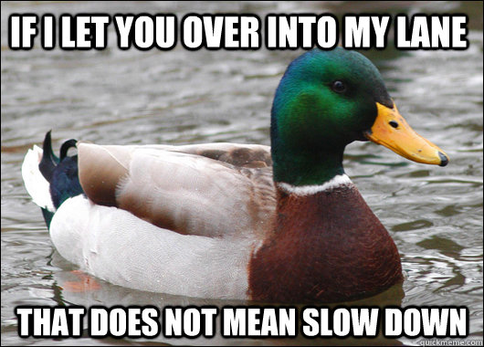 If I let you over into my lane that does not mean slow down  Actual Advice Mallard