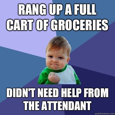 Rang up a full cart of groceries Didn't need help from the attendant  Success Kid