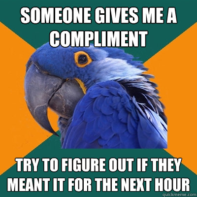someone gives me a compliment try to figure out if they meant it for the next hour  Paranoid Parrot