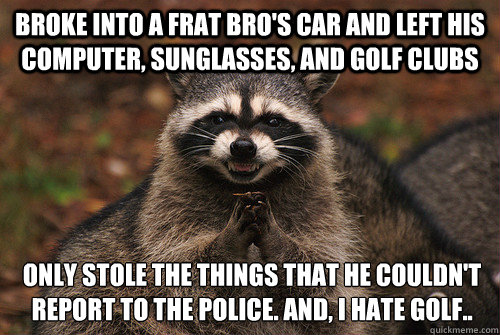 broke into a frat bro's car and left his computer, sunglasses, and golf clubs only stole the things that he couldn't report to the police. and, i hate golf.. - broke into a frat bro's car and left his computer, sunglasses, and golf clubs only stole the things that he couldn't report to the police. and, i hate golf..  Insidious Racoon 2