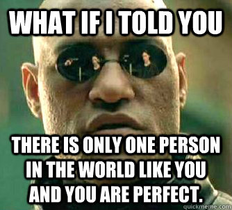 What if I told you there is only one person in the world like you and you are perfect.  Matrix Morpheus