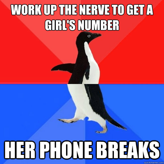 Work up the nerve to get a girl's number Her phone breaks  Socially Awksome Penguin