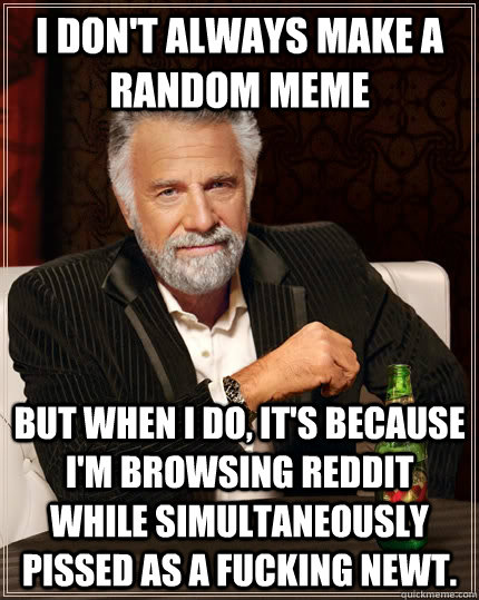 I don't always make a random meme but when I do, it's because I'm browsing reddit while simultaneously pissed as a fucking newt.  The Most Interesting Man In The World