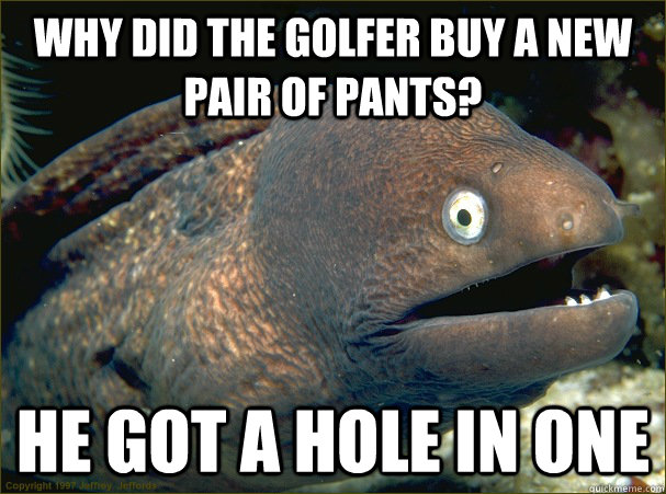 Why did the golfer buy a new pair of pants? He got a hole in one  Bad Joke Eel