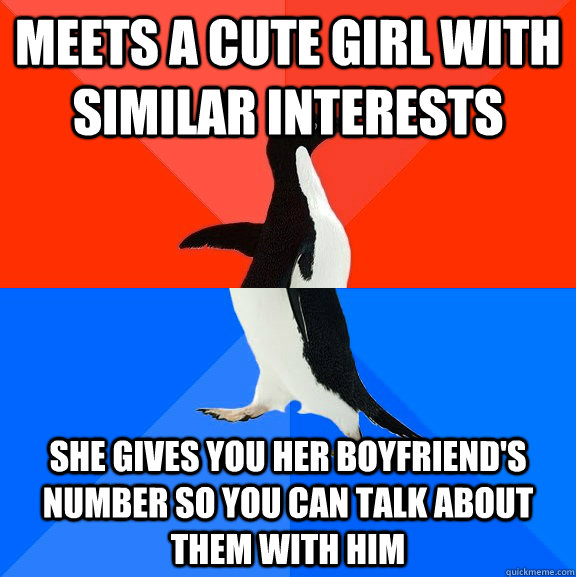 Meets a cute girl with similar interests She gives you her boyfriend's number so you can talk about them with him  Socially Awesome Awkward Penguin