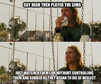 Got high then played the sims just watched them live without controlling them and sobbed as they began to die of neglect  First World Stoner Problems