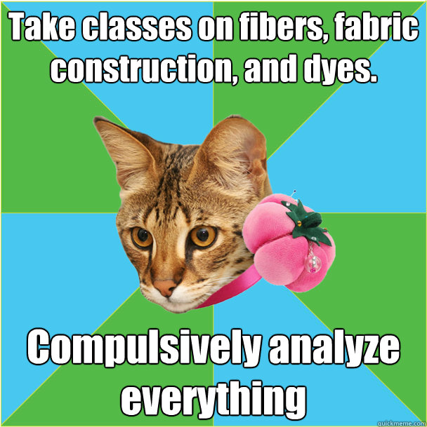 Take classes on fibers, fabric construction, and dyes. Compulsively analyze everything  Fashion major cat