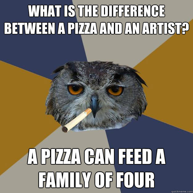 What is the difference between a pizza and an artist? A pizza can feed a family of four  Art Student Owl