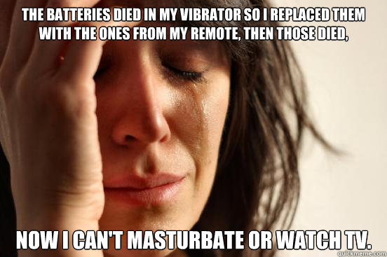 The batteries died in my vibrator so I replaced them with the ones from my remote, then those died, Now I can't masturbate or watch tv.  First World Problems
