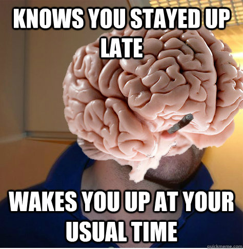 knows you stayed up late wakes you up at your usual time - knows you stayed up late wakes you up at your usual time  Good Guy Brain