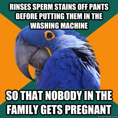 rinses sperm stains off pants before putting them in the washing machine so that nobody in the family gets pregnant  Paranoid Parrot