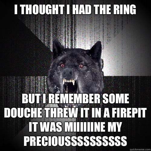 I thought I had the ring  But I remember some douche threw it in a firepit it was miiiiiine my precioussssssssss  Insanity Wolf