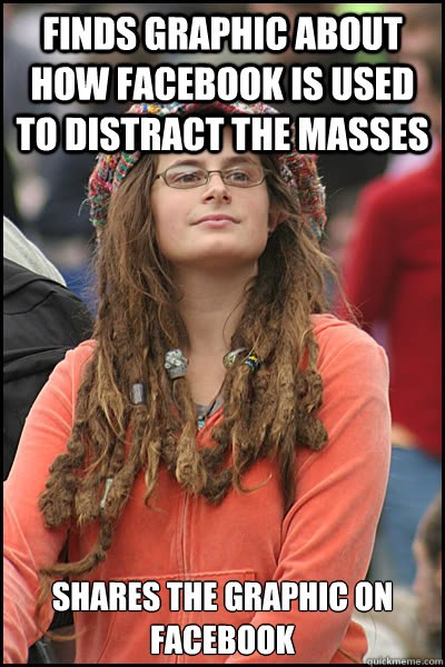 FInds graphic about how Facebook is used to distract the masses Shares the graphic on Facebook  College Liberal
