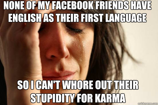 none of my facebook friends have english as their first language SO i can't whore out their stupidity for karma - none of my facebook friends have english as their first language SO i can't whore out their stupidity for karma  First World Problems