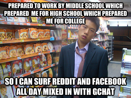 Prepared to work by middle school which prepared  me for high school which prepared me for college so i can surf reddit and facebook all day mixed in with gchat  Disenchanted Young Professional