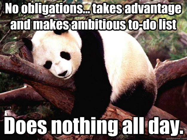 No obligations... takes advantage and makes ambitious to-do list Does nothing all day.  Procrastination Panda
