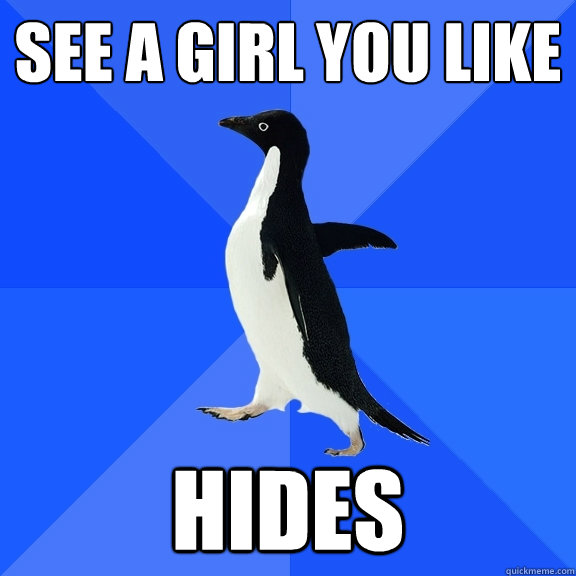 See a girl you like hides  Socially Awkward Penguin