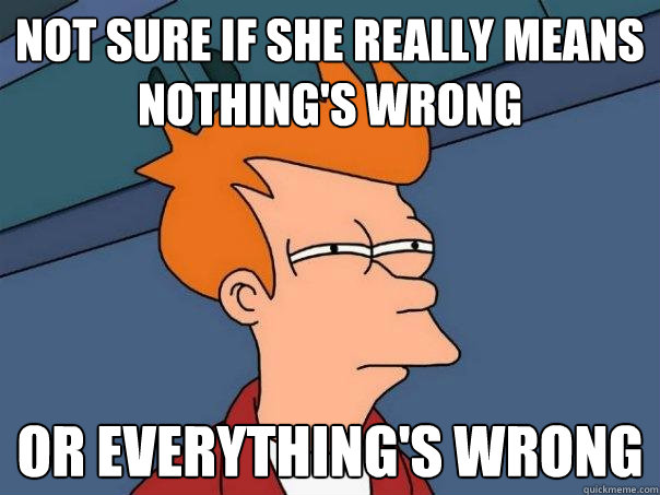 Not sure if she really means nothing's wrong Or everything's wrong - Not sure if she really means nothing's wrong Or everything's wrong  Futurama Fry