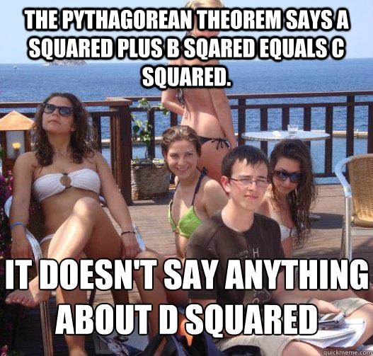 The Pythagorean theorem says a squared plus b sqared equals c squared. it doesn't say anything about d squared  Priority Peter