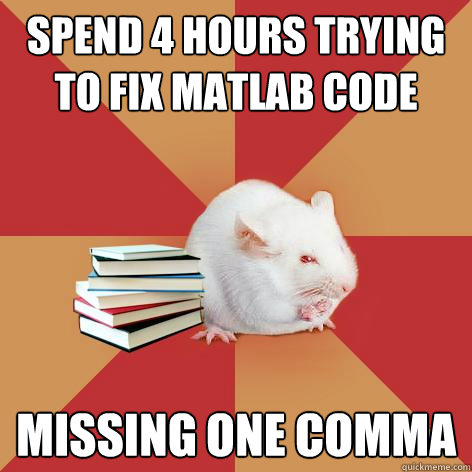 Spend 4 hours trying to fix Matlab code Missing one comma  Science Major Mouse
